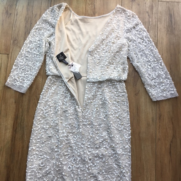 NWT ADRIANNA PAPELL Long Sleeve Pearl Beaded Dress with Slit - Picture 9 of 11